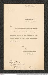 Nachlass Franz Steindachner, Brief von J. A. Godley an den Sekretär des Zoologischen Museums (18.01.1884), Inv.Nr. 250.01, Seite 1